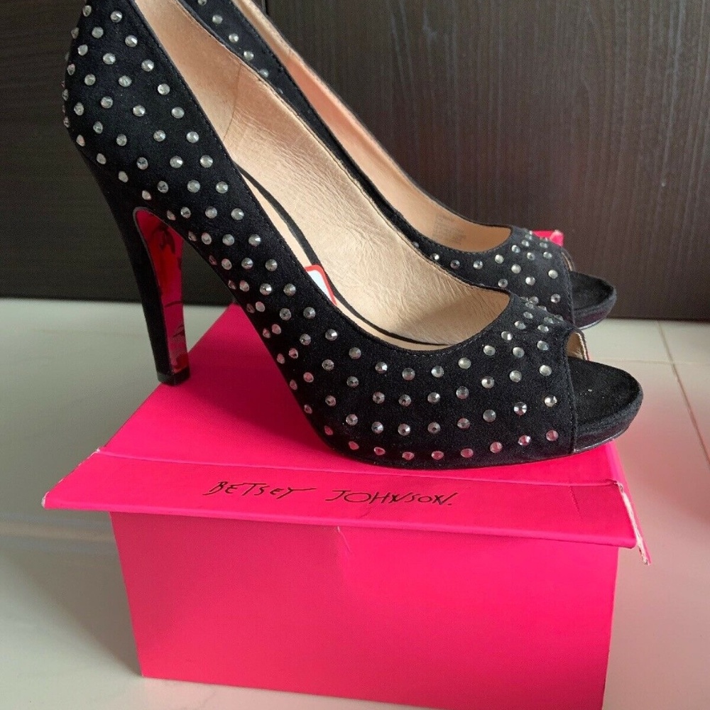 BETSEY JOHNSON BLACK RHINESTONE PEEP TOE PINUP GIR